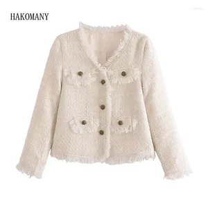 Frauenjacken 2024 Frauen Öffnen Knöpfe Full Sleeve Short Blazer Elegante Jacke weißer Quaste v Hals Spleißte Pailletten -Tweedmantel geschnitten