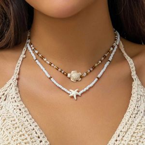 Pendant Necklaces Salircon Bohemian Double Seed Bead Chain Kravik Necklace Vintage Acrylic Turtle Sea Star Pendant Necklace Womens Beach Jewelry J240518