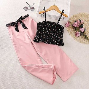 Roupas definem novos conjuntos de roupas para crianças de verão para meninas suspense preto calças rosa em um estilo moda e ocidentalizado Y2405209JUC