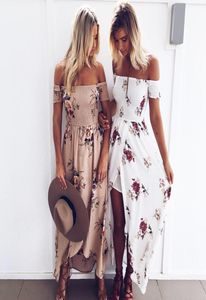 Boho -Stil lange Kleid Frauen vor Schulter Beach Sommerkleider Print Vintage Chiffon White Maxi Kleid Vestidos de Festa5118047