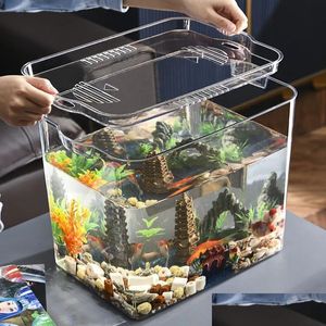 Decorações PET PET Explosion Proof Fish Tank Combattop Mobile Small Ecological Water Aquarium Box Plastics Thite Glass Drop Deliver Deliver