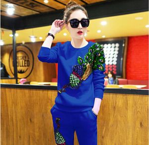 Women Casual Tracksuits Fleece Hoodies With Long Pants Joggers 2st Set SEquined Peacock Design Sports Suits5272588