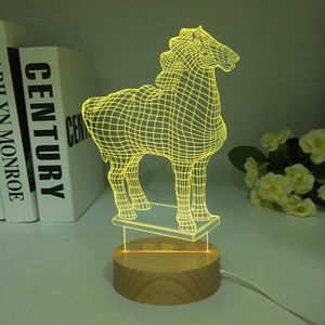 Lâmpadas Sombras de madeira 3D LED Night Light Jigsaw Horse Puzzle Ação Figura 7 Cores Touch Ilusão de mesa de mesa Lâmpada de mesa de decoração de casa Y240520Q5RZ