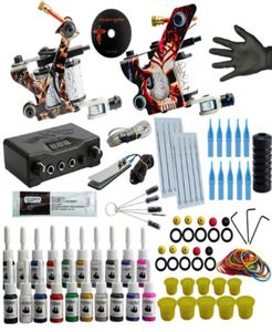 Professional Tattoo Kit Tattoo Machine Kit Rotary Machine Guns 20 bläck Ställ in strömförsörjning Komplett tatueringsuppsättning för startbörjare9201440