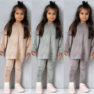 2024 Spring Kids Girl Girl Veet Abito a maniche lunghe Vestiti solidi per infantili per bambini Pullover Pullover Set Teenage Outfits L2405 L2405