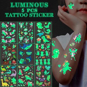 Adesivos de tatuagem luminosa colorido de sereia colorida de dinossauro tatuagem fofa tatuagem adesivos de crianças tatuagem corporal 5 folhas 240425