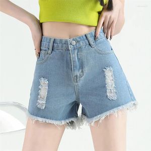 Kvinnors jeans sommar kvinnor baggy shorts rippade lady hög midja streetwear korea strand flickor studenter tofsar raka retro byxor