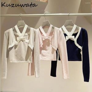 Women's Knits Kuzuwata Sweet Panelled Bow Halter Sets Sling Casual V Neck Long Sleeve Patchwork Cardigan Japan Knit All-match Suits Jumper