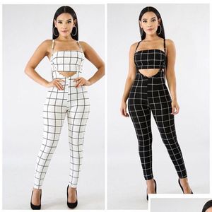 Womens Jumpsuits Rompers Black White Plaid Y Jumpsuit Summer Overalls Two Piece Set Crop Top Spaghetti Strap S-2Xl Drop Delivery Appar Otvyz
