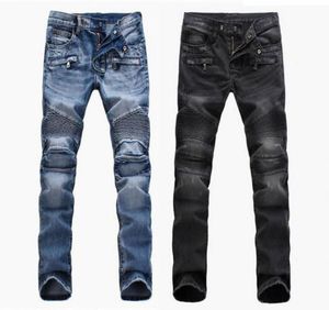 Moda men039s handel zagraniczny jasnoniebieskie czarne dżinsowe spodnie motocyklowe motocyklista myli się do robienia starych foldów spodni swobodny 6453159