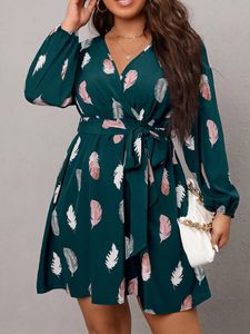 Finjani Womens Plus Size Dresses Feather Print Lantern Sleeve Belted Dress Casual Clothing för hösten 240506