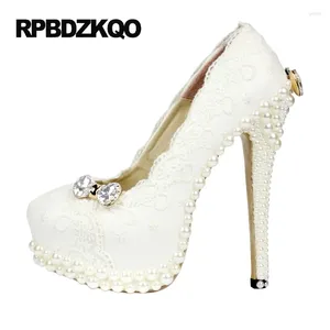 Dress Shoes Bridal High Heels Plus Size Pumps Stiletto Crystal White Pearl Women Platform Lace Diamond Rhinestone Ivory Wedding 3 Inch