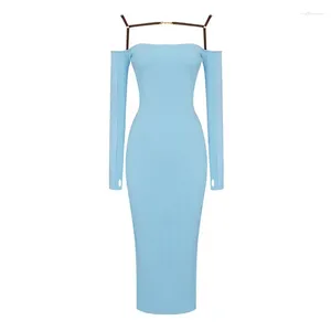 Casual Dresses Fashion Elastic Knitted Bodycon Bandage Dress Sexy One-Shoulder Evening Club Party Women Black Brown Blue