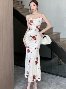 Casual Dresses Women Floral Velvet Sling Sexy Maxi Dress Autumn Winter Elegant Ruffled Luxury Prom 2024 Korean Bodycon Vestidos