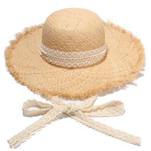 Women Sun Hats Spring And Summer Raffia Beach Caps Dome 5860cm Brim 10cm Raw Edge Design Straw Braid Lace Straps Elegant Lady 240515