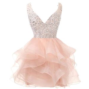 Sweet Sexy Backless Deep V-Neck Crystal Sequins Mini Ball Gown Homecoming Dress with Beading Plus Size Graduation Cocktail Prom Party G 237S