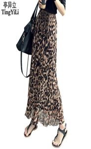 Tingyili Summer Women Long Leopard Print Skirt Elastic High Waist ChiffonプリーツスリムフィットカジュアルMaxi Skirt1144732