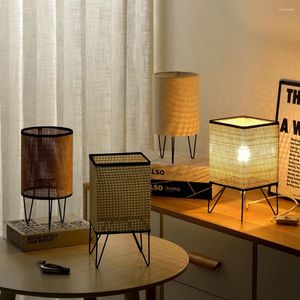 テーブルランプラタン織り布手作りデスクランプスタディベッドルームベッドサイドリビングルームレトロデコレーションのためのチャイニーズスタイル