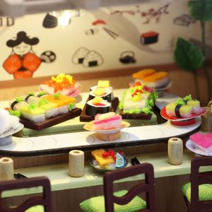 Sushi Shop Doll House Mini DIY Kit Production Assembly Room Model Toys, Home Bedroom Decoration with Furniture, Wooden Crafts 3D 5a8c3