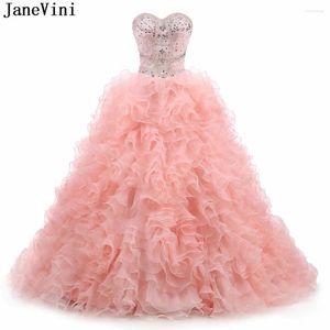 Abiti per feste Janevini Luxury Pink Prom -Ball Abito da ballo Long Ball Applique Applique in perline Bruffles Princess Gowns Gala Jurken