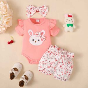 Clothing Sets 3PCS Baby Girl Clothes Outfits for 0-18 Months Ruffled Sleeve Lovely Rabbit Bodysuit+Flower Shorts+Headband Summer Casual Wear Y240520HNC1