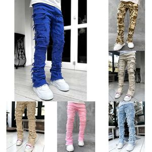 stack jeans Men's purples Jeans Regular Fit Stacked Patch Distressed Destroyed Straight Denim Pants Streetwear Clothes Stretch St s