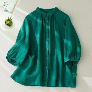 Women's Blouses Button-up Women Shirt Lapel Collar Vintage Raglan Sleeves For Solid Color Loose Fit Top Retro