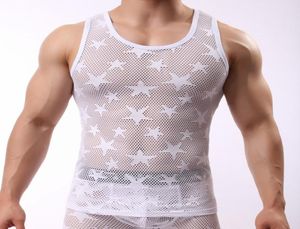 Men039s Tank sets man fashion sexy gay home underwear sets Sexy mesh perspective vest star mesh breathable Tank TopsLong boxer7124375