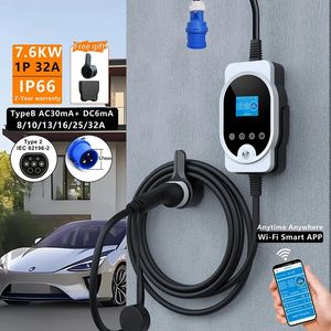 Şarj kutusu 7kw 32A 1p Hızlı Şarj Uygulaması Wi-Fi Kontrolü Akım Şarj Süresi Taşınabilir Şarj Cihazı Elektrikli Araba için