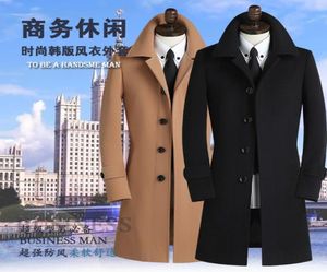 Hela svart khaki grå 2016 Autumn Mens Trench Coat Mens Cashmere Coat Casual Slim Long Design Winter Wool Coat Män Kläder 1680902