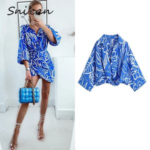 Blue Criss Cross Top Three Quarter Sleeve Turn Down Collar Sexy Blouse Uniform Casual ladies Chic Shirts Za Women Snican 240507