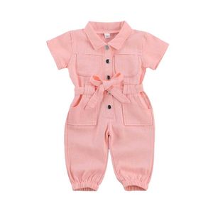 Jumpsuits Baby baby girl denim jumpsuit work clothes one piece toddler pocket short sleeved jumpsuit Y240520CBGQ