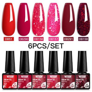 MTSSII 6PCSSet Red Gel Nail Polish Set Glitter paljetter Semi Permanent Bas Matte Top Coat Soak Off LED UV Art Varnish 240510