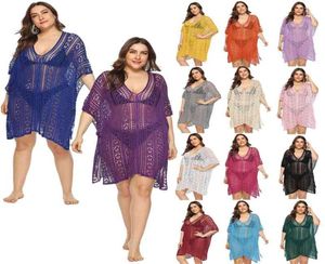 Plus Size Knitted Crochet Beach Dresses and Tunics Yellow Hollow Out Swim Suit Cover Up Vneck Irregular Beachwear Red 14 Colors 24573512
