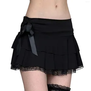 Skirts Gothic Lace Splicing Bow Short For Women Cute Lolita Girls High Waist Ruffle Summer Korean Student Y2K
