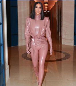 Вечернее платье Yousef Aljasmi Женщины подходят Kim Kardashian Pink 3 Pieaces Кожаная одежда координат меховой костюм с высокой шеей с длинной Sleev1031242