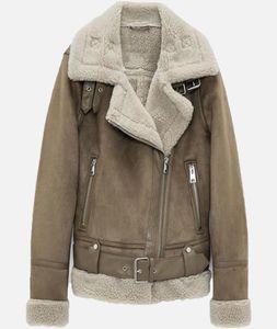 Winter Fleece Thick Women039s Jacket Retro Suede Lambs Wool Warm Moto Biker Coat Belt Pockets Zipper Faux Leather Woman Jackets3384054