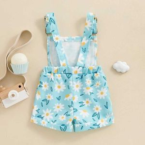 Jumpsuits 2024 Summer Fashion Childrens Clothing Girl Flower Print Pocket Front Sleeveless Hanging jumpsuit Game Clothing Y240520I6MZ