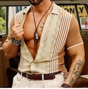 Мужские полосы Oldyanup Мужские тонкие вязаные ледяные шелковая рубашка Polk Fashion Vintage Patchwork полосатые вязаные топы летние деловые вязаные рубашки