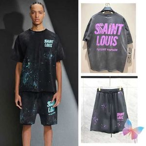 Men's Shorts High Street Saint Shorts Color Splashed Ink Washed Distressed Drawstring Sports Pants Mens Vintage Casual Loose Shorts Q240520