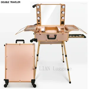 Resväskor vagn kosmetiska fodral rullande bagage makeup verktygslåda avtagbar vikbar skönhetslåda toalettbord resväska väska professionell