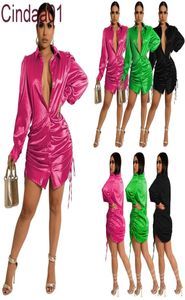 Womens New Shirt Dresses Autumn Pleated Lace Up Elastic Loose Medium Length Top Skirt1730483
