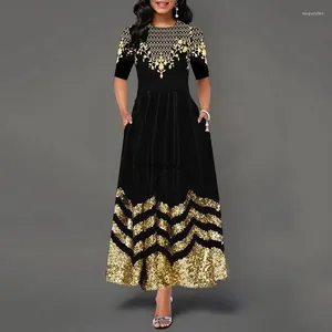 Ethnic Clothing Women Scoop Neck Dress Half Sleeve Female Elegant Vintage Floral Printed A Line Pocket Black Maxi Dresses Robe Prom