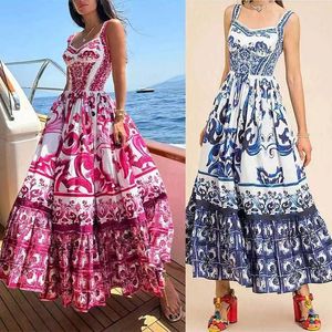 Luxury Dress Spring Dresses For Woman Sexig designer Hög midja veckad blommig vintage Fashion White Porslin Print rund hals Kort ärmklänningar Lyxstorlekar-3xl