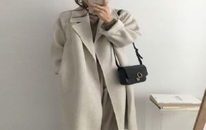 Vinter beige elegant ullblandning kvinnor koreanska mode långa rockar vintage minimalistisk ull överrock överdimensionerad outwear7235394