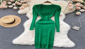 2021 NOVO Design Women039S colarinho quadrado Puff de manga longa de malha de malha Bodycon Tunic Side Jag Sweater Dress Color2942747