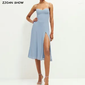 Casual Dresses 2024 Retro French Style Midi Long Women Dress Light Blue Color Bandage Nacing Up Sling Hem Slits Robe Party Fashion Summer