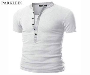 Camiseta branca henley masculino masculino V de pescoço de manga curta camiseta camiseta homme casual slim fit button design massirts xxl 2104095359210