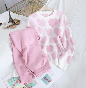 2020 Fall Autumn Long Sleeve Knitted 2 Piece Set Women Sweet Love Pearls Beaded Pullover SweaterLaceup Pocket Harem Pants Set3735484