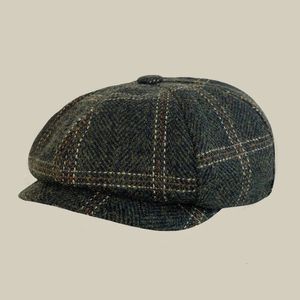 高品質のウールSBOYキャップ秋の冬のファッション男性女性ブリティッシュペインター帽子緑の格子縞のベレー帽ウール帽子240520